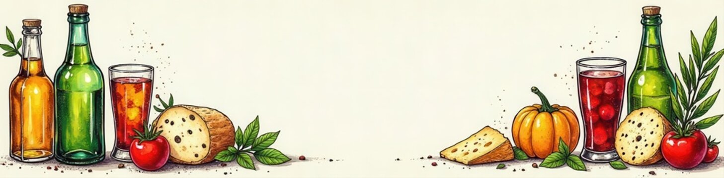 Hand sketched Mediterranean ingredients, cheeses, & drinks Restaurant menu template , food, lemon, artichoke