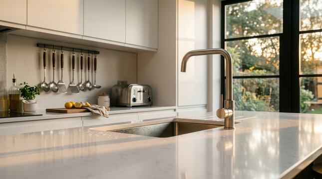 Modern kitchen interior with a sleek stainless steel faucet and sink on a white countertop, bathed in golden light. Modern domesticity and clean living.