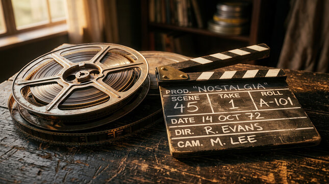 Vintage film reel and old clapperboard on a rustic wooden table. Warm light from a window creates a nostalgic cinematic atmosphere.