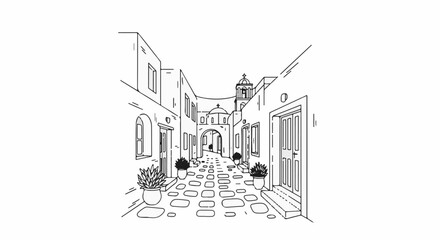 Fototapeta premium A quaint, cobblestone alleyway with white buildings and archways