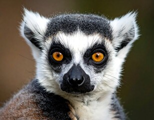 Fototapeta premium Close-up portrait of a ring-tailed lemur with striking orange eyes against a blurred background