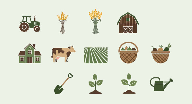 Agricultural icons and farm tools.