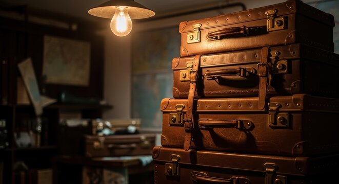A stack of vintage leather suitcases with worn straps, evoking a sense of historical travel and adventure.