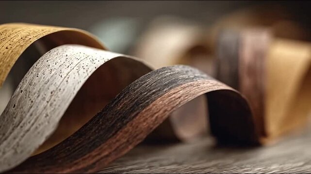 Curved wood veneer strips with textured grain in various colors