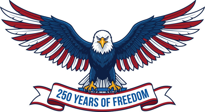 American bald eagle with red white and blue wings and banner with 250 years of freedom text isolated on white background