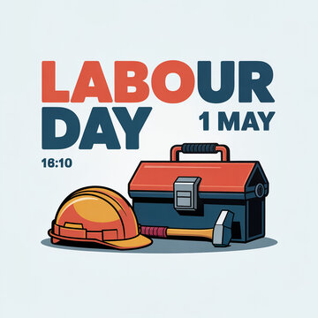 A Labour Day graphic with a toolbox, hard hat, and hammer on a white background