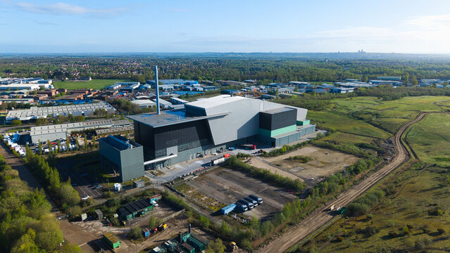 Aerial drone view of the Lincoln Energy Recovery Facility ERF power plant in North Hykeham UK