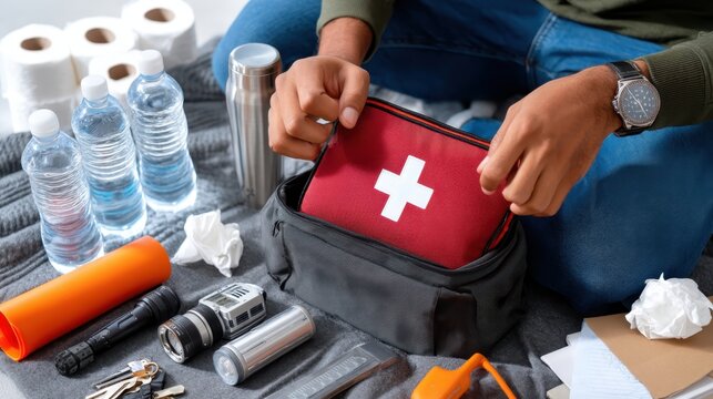 A person in a dark green shirt packs a red first aid kit into a bag on a gray couch while organizing travel supplies nearby