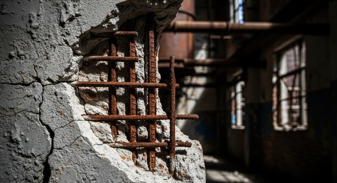 Close-up of rusty rebar embedded in cracked and spalling concrete wall within an abandoned industrial structure