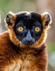 Fototapeta premium Close-up portrait of a vibrant red ruffed lemur with striking yellow eyes