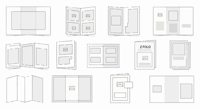 Diverse layout designs for brochures, pamphlets, and folded printed materials