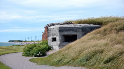 Naklejka premium An old grey bunker sits on a grassy hill. Nearby, ruined structures are seen along cobblestones and grass with power lines in the distance
