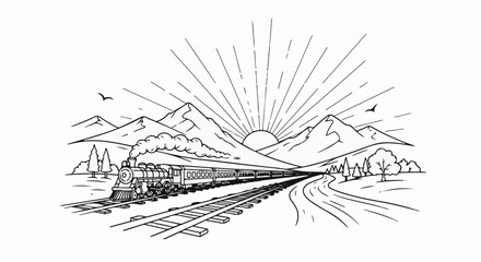 Fototapeta premium A vintage train travels through a mountain landscape at sunrise