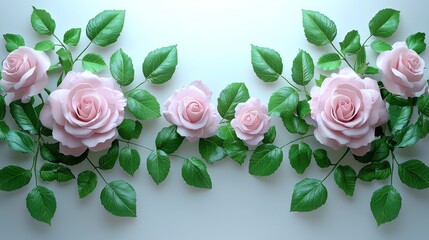 Fototapeta premium Pink roses and green leaves on a soft background