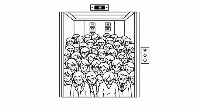 Overcrowded elevator interior with distressed passengers and floor indicators