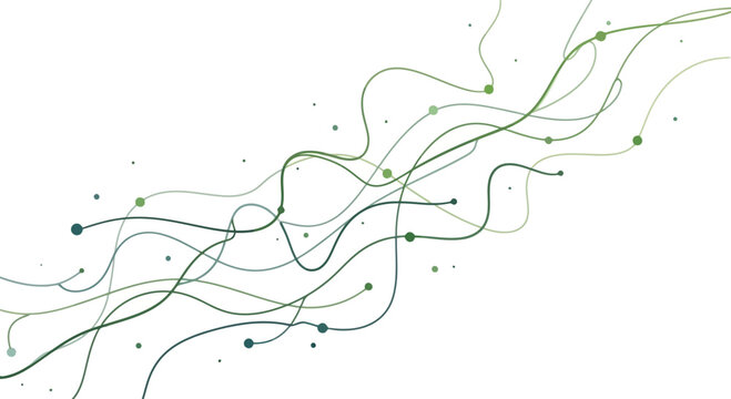 Abstract digital background with dynamic flowing green lines and interconnected dots, symbolizing data streams, network connections, and technological growth