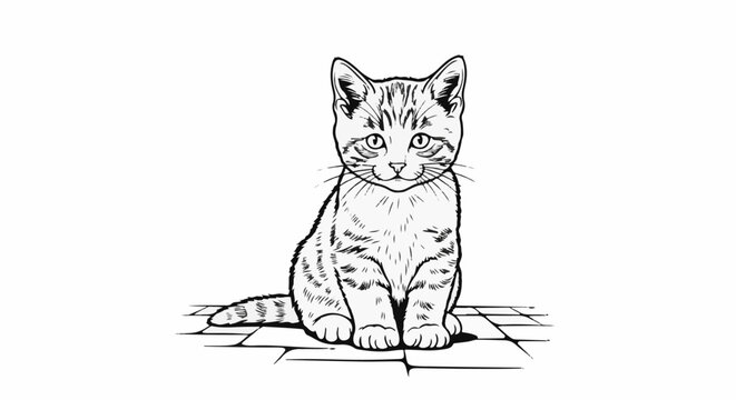 Sketch of a tabby kitten sitting on a tiled floor