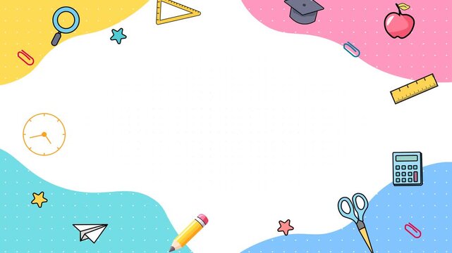 Colorful School Supplies Cartoon Background With Copy Space. Educational Content, Kids Presentations Backdrop,  And Back To School Designs In Clean Minimal Style. Playful Elements Stationery Icons.