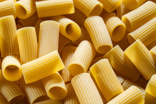 Close up of uncooked Rigatoni pasta 