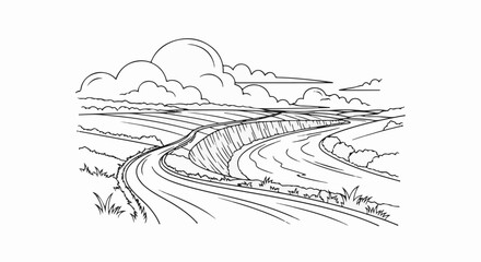 Fototapeta premium Stylized drawing of a winding road through rolling hills under a cloudy sky