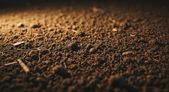 Detailed close-up view of rich dark soil particles, showcasing fine texture and earthy tones for agricultural and natural themes.