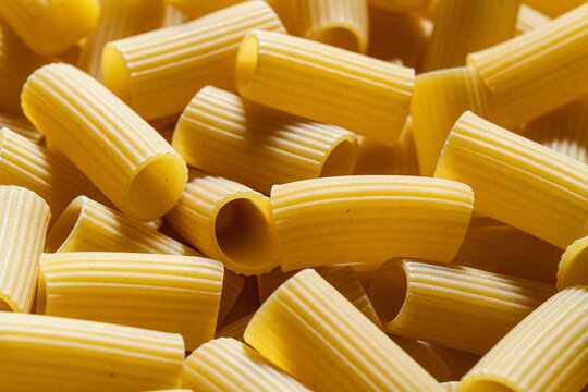 Close up of uncooked Rigatoni pasta 