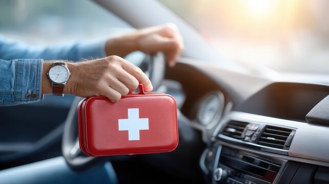 Man in denim jacket and brown hoodie drives car while holding a red first aid kit on the steering wheel, ready for use