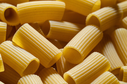 Close up of uncooked Rigatoni pasta 