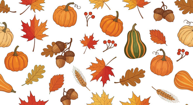 Autumn Leaves and Pumpkins Pattern on White
