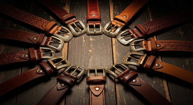 An assortment of handcrafted leather belts with ornate buckles arranged on a rustic wooden surface