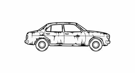 Fototapeta premium Stylized black and white sketch of a rusty, old sedan car