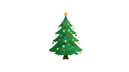 Fototapeta premium A Christmas tree, festive element, flat vector design, bright green with colorful baubles, isolated on white background. 