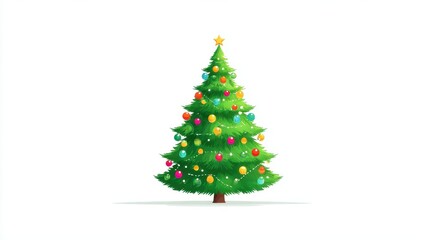 Fototapeta premium A Christmas tree, festive element, flat vector design, bright green with colorful baubles, isolated on white background. 