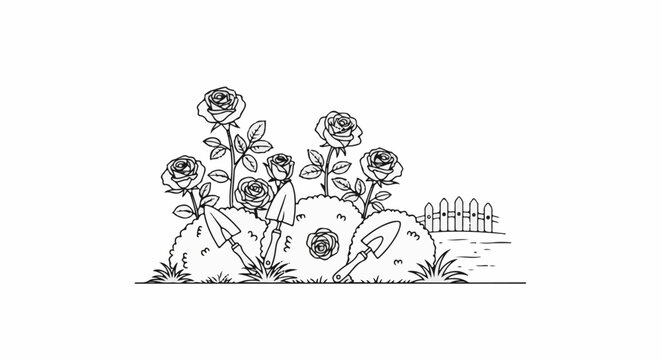 Line drawing of a rose garden with tools and fence