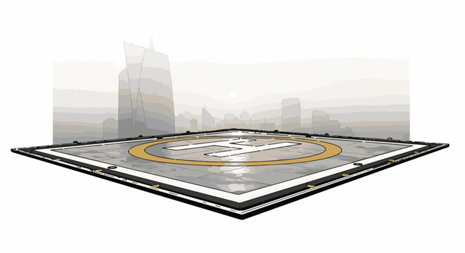 Helicopter landing pad with cityscape background