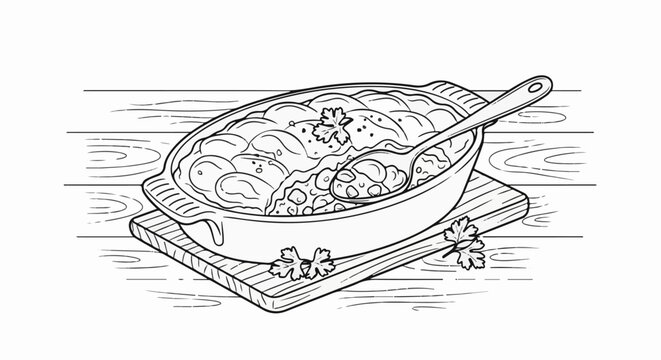 Hearty baked dish with a spoon on a wooden table, garnished with herbs