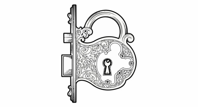 Ornate, vintage lock with decorative scrollwork and keyhole