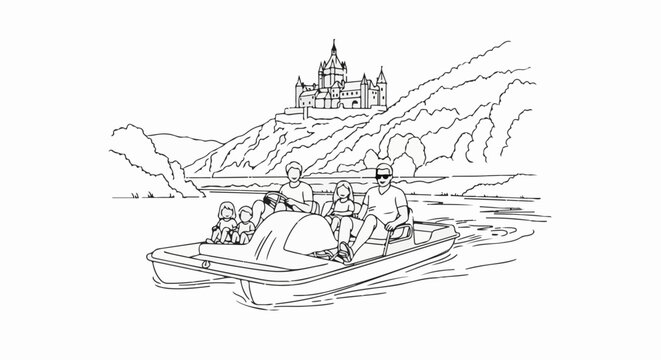 Family enjoys a pedal boat ride on a lake with a castle on a hill