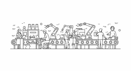 Naklejka premium Automated production line with human workers and robotic arms