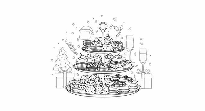 Festive tiered stand laden with holiday treats, gifts, and sparkling drinks