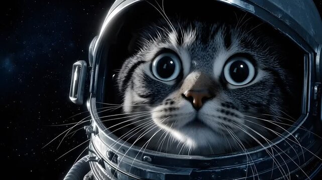 Cute cat wearing astronaut helmet in outer space