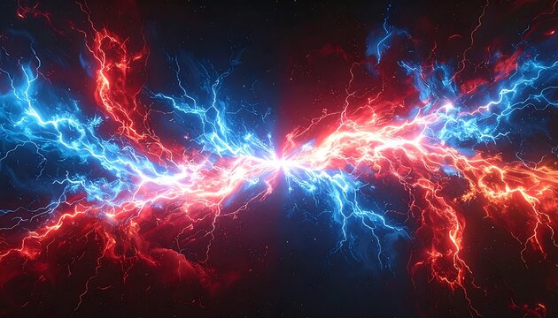 A vibrant, electric blue and red lightning bolt