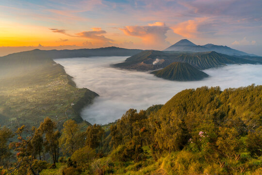 Beautiful nature sunrise Landscape Mountain Bromo volcano,Tengger Semeru National Park,Indonesia