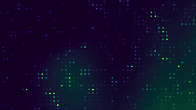 Dark futuristic background with glowing purple and green dots in motion.