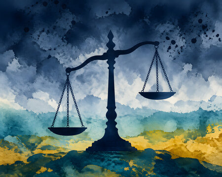 Dark silhouette of unbalanced scales on watercolor background