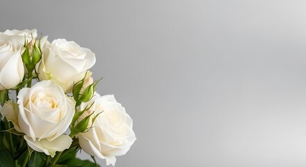 Obraz premium Elegant white roses bouquet against soft gray background with copy space