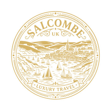 Vintage gold Salcombe UK travel emblem featuring seaside village and sailboats vector illustration