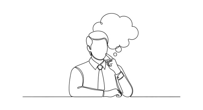 Man in suit thinking with empty thought bubble above head, minimalist line art