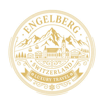 Engelberg Switzerland luxury travel logo badge with mountains and village gold vector