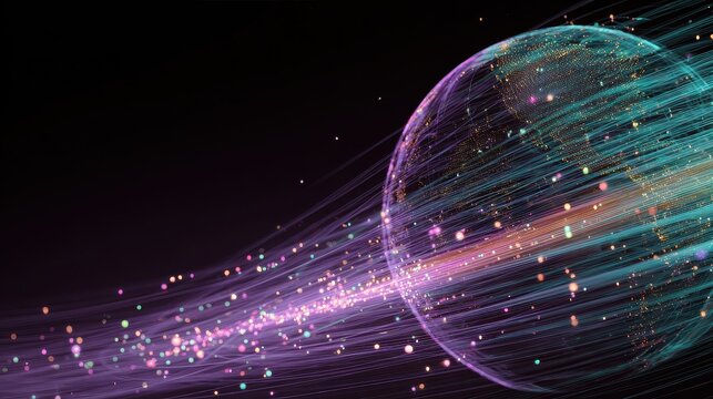 A stylized glowing globe surrounded by rotating binary streams and connection nodes, side view, showing the interplay of global data exchange, cybernetic tone, colored pastel.